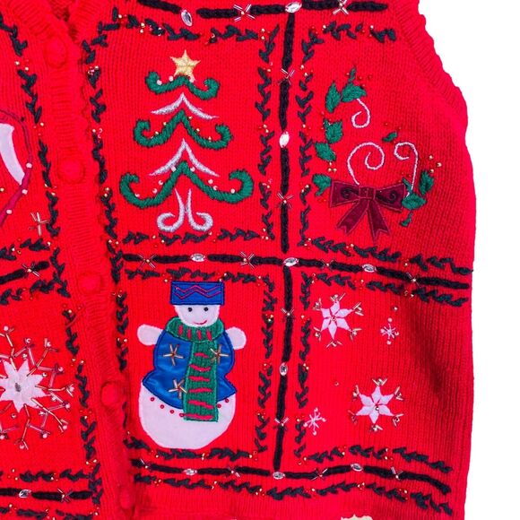 Designers Studio Original Christmas Red Embroidered Beaded Sweater Cardigan Size - Picture 6 of 10